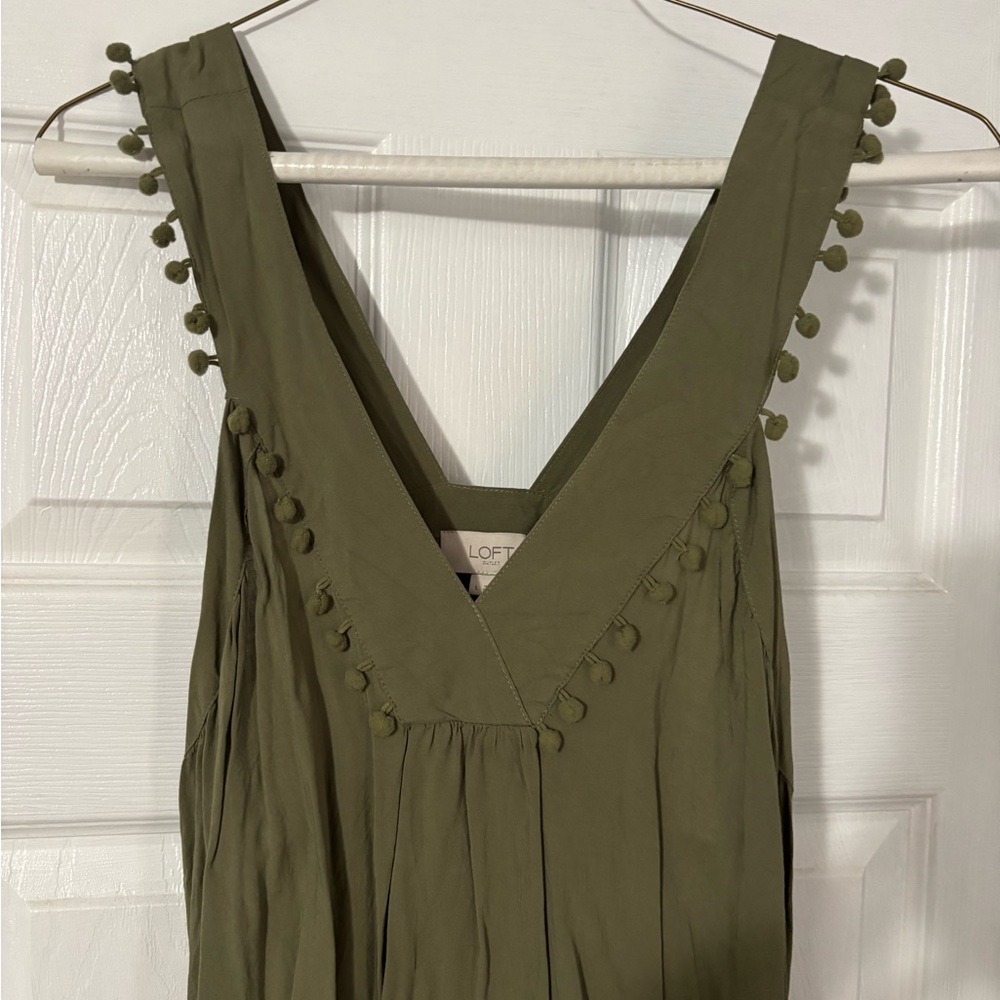 LOFT Olive Green V-Neck Top with Pom Pom Detail